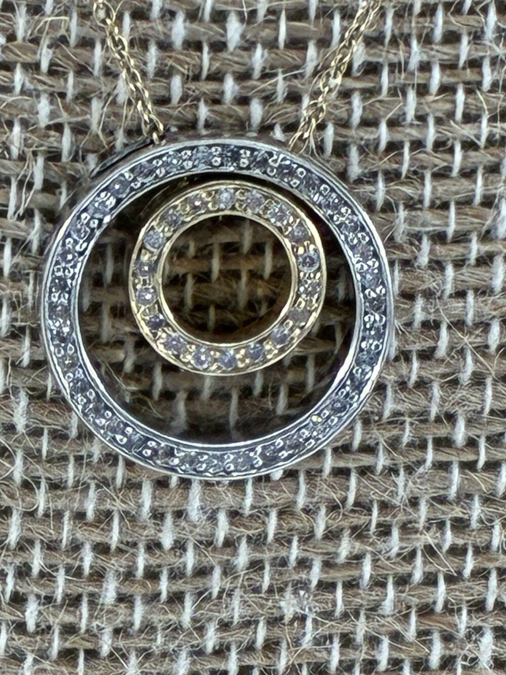 Effy Designer 14K Two Tone Gold Double Circle Diamond Pendant Necklace BH